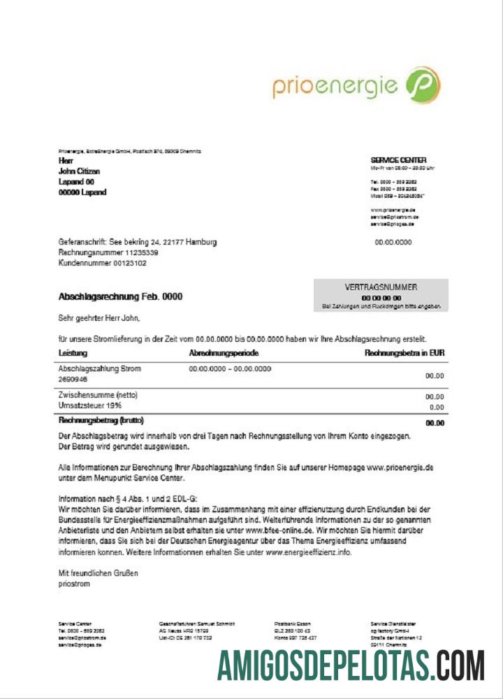 Conta de serviços públicos com comprovante de endereço da Alemanha Prioenergie exemplo